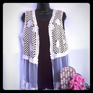 Cato XL Off White/Natural Boho Lace Vest.